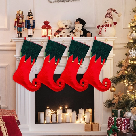 Grote Kerstsok Van Stof Hangend Ornament Rood Groen Elfenlaars Vorm Sok Met Belletjes Feestelijke Vakantie Decoratie