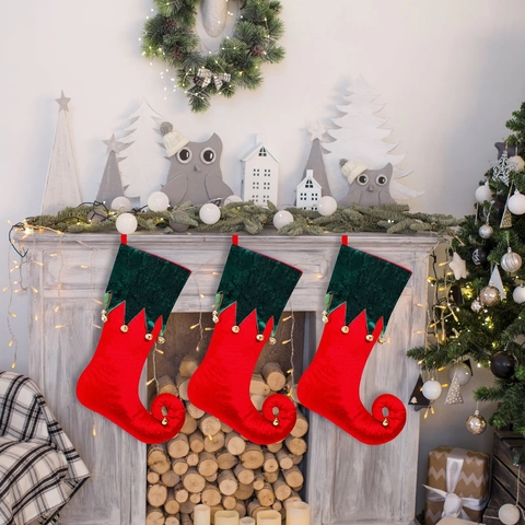 Grote Kerstsok Van Stof Hangend Ornament Rood Groen Elfenlaars Vorm Sok Met Belletjes Feestelijke Vakantie Decoratie