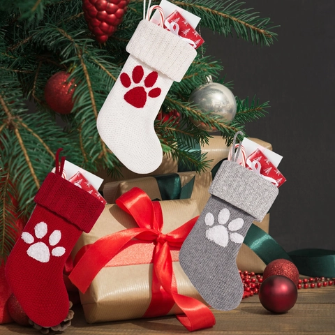 Weihnachtsstrümpfe Gestrickt Acryl Haustier Pfotenmuster Hängend Feiertag Party Dekoration Geschenktüten Dekor