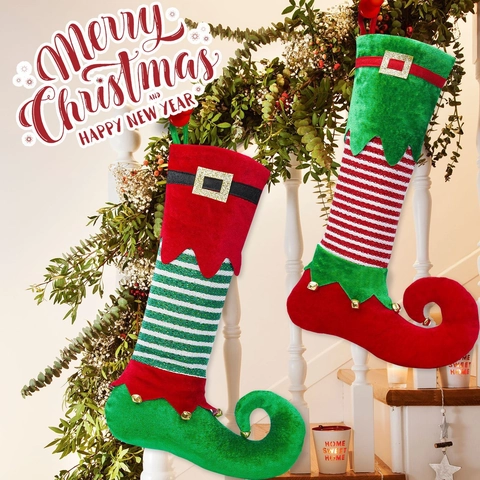 Weihnachts Elf Strumpf Mit Goldenen Glocken Gürtelschnalle Gestreifter Hängeornament Elf Stiefel Stil Festliche Heimdekoration Für Weihnachtsbaum Geschenk