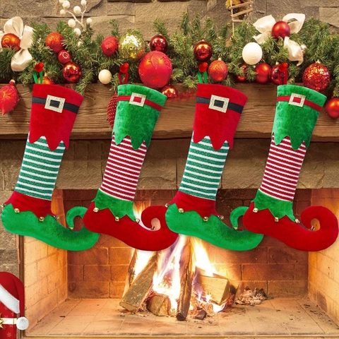 Weihnachts Elf Strumpf Mit Goldenen Glocken Gürtelschnalle Gestreifter Hängeornament Elf Stiefel Stil Festliche Heimdekoration Für Weihnachtsbaum Geschenk
