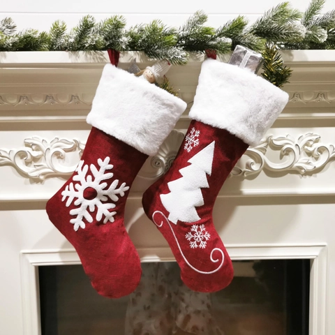 Red Christmas Stocking Decoration With White Plush Faux Fur Trim Snowflake Elk Christmas Tree Applique Hanging Gift Socks