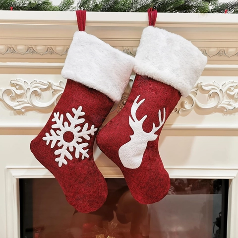 Red Christmas Stocking Decoration With White Plush Faux Fur Trim Snowflake Elk Christmas Tree Applique Hanging Gift Socks