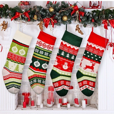 Grote Gebreide Kerstsok Hangende Cadeautas Met Rendier Sneeuwpop Boom Patronen Voor Kerstversiering Huis Open Haard