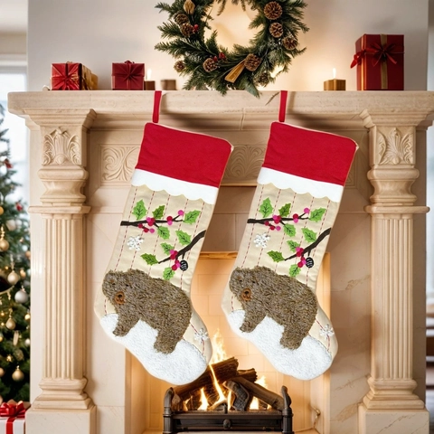 Chaussettes de Noël Animaux 3D Ours Renard Brodées Sacs Cadeaux de Noël Pour Décoration de Cheminée Maison Fête Ornements