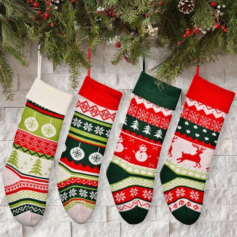 Grote Gebreide Kerstsok Hangende Cadeautas Met Rendier Sneeuwpop Boom Patronen Voor Kerstversiering Huis Open Haard