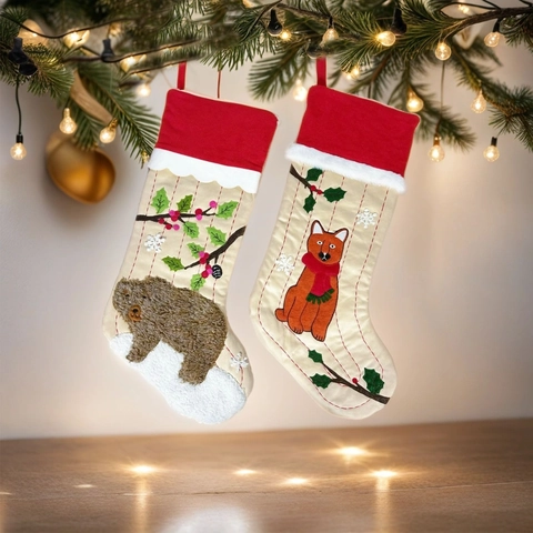 Chaussettes de Noël Animaux 3D Ours Renard Brodées Sacs Cadeaux de Noël Pour Décoration de Cheminée Maison Fête Ornements