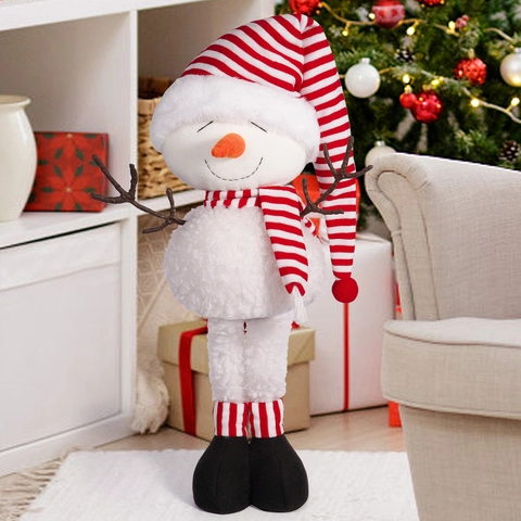 Pupazzo di Neve di Natale con Gambe Retrattili Statuina Decorativa di Peluche Cappello Sciarpa a Righe Bianche e Rosse