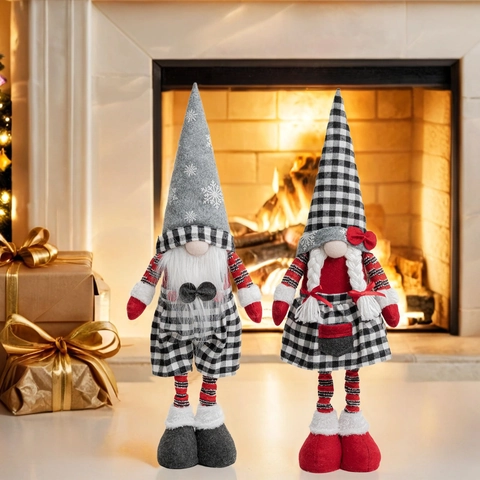 Gnome de Noël Peluche Décoration Avec Jambes Télescopiques Noir Blanc Gingham Carreaux Nain Sans Visage Pour Maison Fête Cadeau