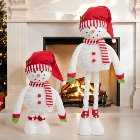 Poupée en Peluche Bonhomme de Neige à Chapeau Rouge de Noël Avec Jambes Rétractables Ornement de Table Festif