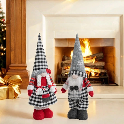 Gnome de Noël Peluche Décoration Avec Jambes Télescopiques Noir Blanc Gingham Carreaux Nain Sans Visage Pour Maison Fête Cadeau