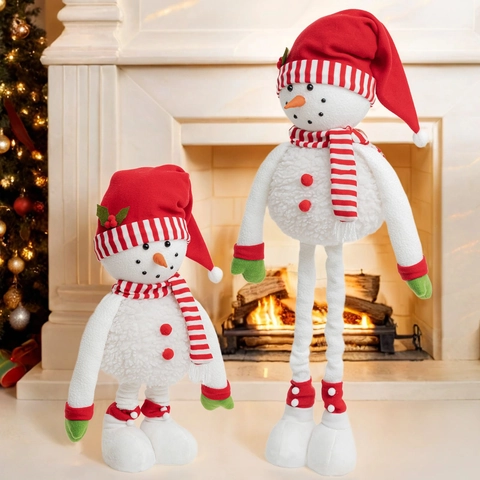 Poupée en Peluche Bonhomme de Neige à Chapeau Rouge de Noël Avec Jambes Rétractables Ornement de Table Festif
