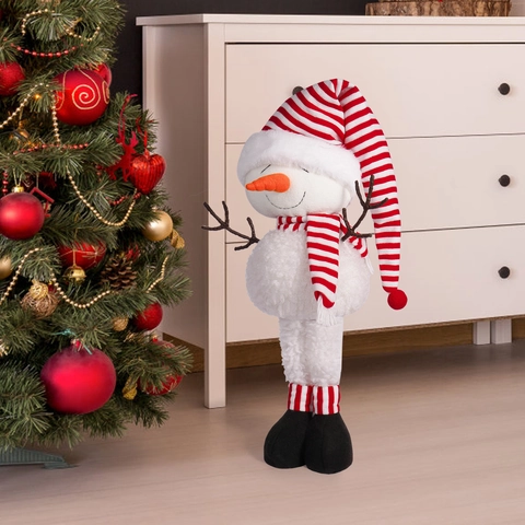 Pupazzo di Neve di Natale con Gambe Retrattili Statuina Decorativa di Peluche Cappello Sciarpa a Righe Bianche e Rosse