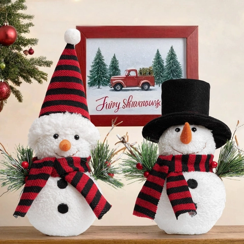 Decorazione per Bambola di Pupazzo di Neve di Natale a LED Con Cappello a Quadri Rosso Nero Sciarpa Aghi di Pino Ornamento