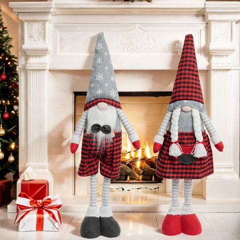 Poupée en Peluche Gnome de Noël Nordique Avec Longues Jambes Rétractables Figurine de Gnomes Plaid pour Décoration de Fête