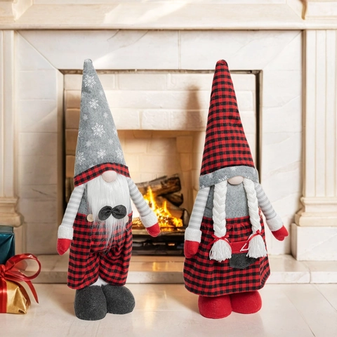 Poupée en Peluche Gnome de Noël Nordique Avec Longues Jambes Rétractables Figurine de Gnomes Plaid pour Décoration de Fête