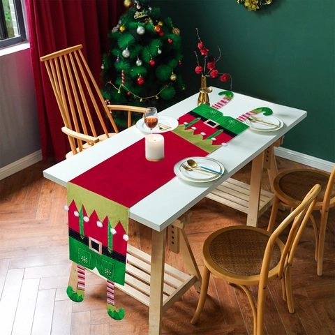 Runner da Tavolo Natalizio a Forma di Elfo in Poliestere Con Gambe a Righe e Pompon Per Decorazione Tavolo da Pranzo
