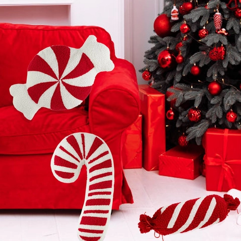 Coussin en Peluche en Forme de Bonbon de Noël Rayé Rouge et Blanc en Velours Teddy Doux pour la Décoration de la Maison