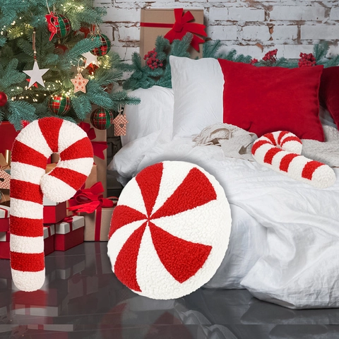 Coussin en Peluche Sucre d'Orge de Noël Rayé Rouge Blanc Coussin Rond Menthe Velours Teddy Décoration de Noël