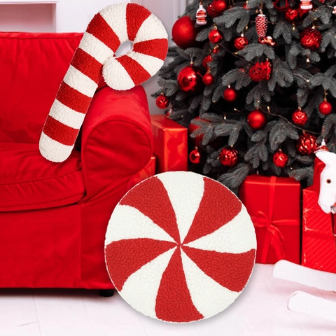 Coussin en Peluche Sucre d'Orge de Noël Rayé Rouge Blanc Coussin Rond Menthe Velours Teddy Décoration de Noël