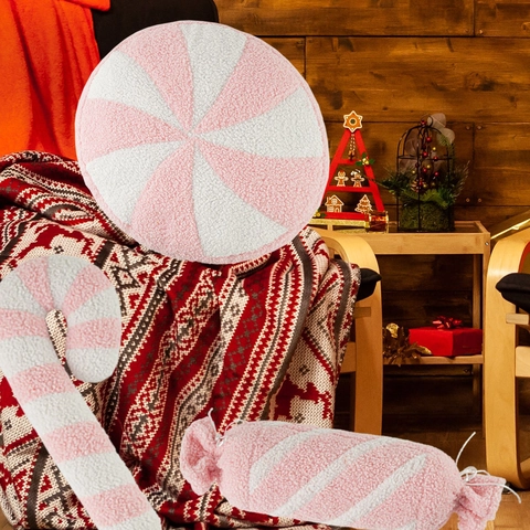 Plüschkissen In Bonbonform Rosa Weiß Gestreiftes Dekoratives Kissen Weiche Teddy Baumwolle Weihnachten Feiertag Party Sofa Deko