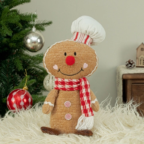 Cute Christmas Gingerbread Man Plush Figure Chef Hat Bowknot Sitting Cookie Man Doll For Holiday Party Home Window Decor