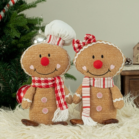 Cute Christmas Gingerbread Man Plush Figure Chef Hat Bowknot Sitting Cookie Man Doll For Holiday Party Home Window Decor