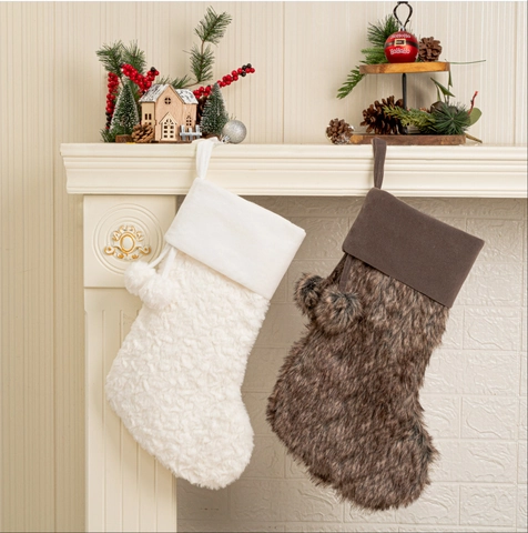Faux Fur Christmas Stockings Solid Color Plush Hanging Decorations With Pompoms For Xmas Home Fireplace Holiday Party Decor