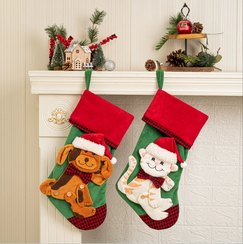 Kerstmis Huisdier Sok Boom Hangende Decoratie Met 3D Kat Hond Patroon Bosgroen Rood Geruite Manchet Feestelijke Vakantie
