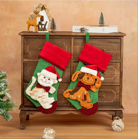 Kerstmis Huisdier Sok Boom Hangende Decoratie Met 3D Kat Hond Patroon Bosgroen Rood Geruite Manchet Feestelijke Vakantie