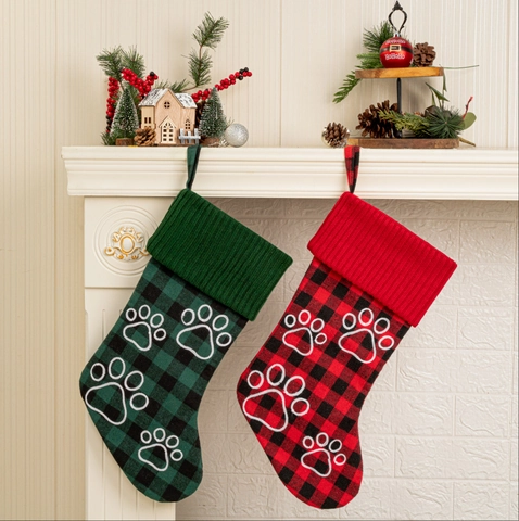 Large Buffalo Plaid Christmas Stocking With Pet Paw Print Embroidered Knit Cuff Plaid Hanging Christmas Stocking Decoration