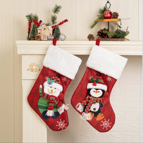 Grandi Calze di Natale Con Babbo Natale Pupazzo di Neve Renna Pinguino Polsino in Peluche 3D Rosso Natale Camino Appeso Regali Decorazione