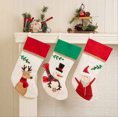 Grandes Chaussettes de Noël en Toile de Jute Avec Broderie Père Noël Bonhomme de Neige Renne Pour Cheminée Décoration Suspendue Sac Cadeau