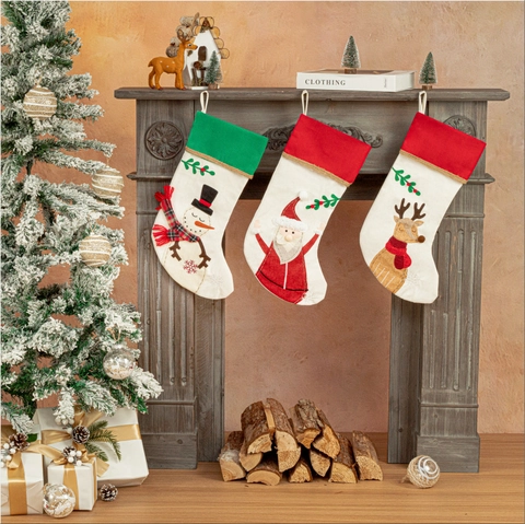 Grandes Chaussettes de Noël en Toile de Jute Avec Broderie Père Noël Bonhomme de Neige Renne Pour Cheminée Décoration Suspendue Sac Cadeau