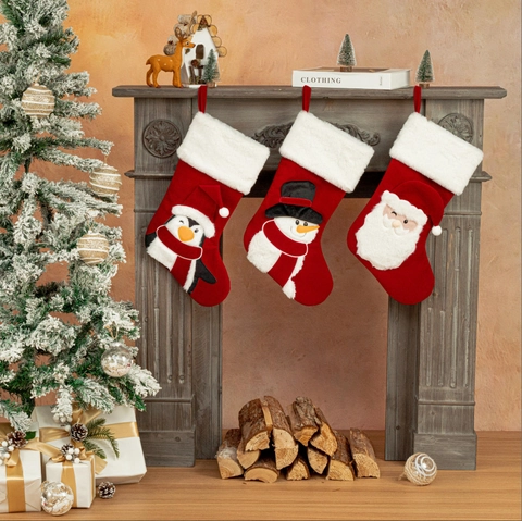 Großer Roter Weihnachtsstrumpf Aus Samt Mit Weihnachtsmann Schneemann Pinguin Applikation Plüsch Kunstpelzrand Zum Aufhängen