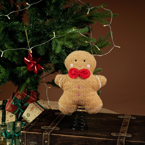Puntale per Albero di Natale in Peluche a Forma di Omino di Pan di Zenzero Con Base a Molla Marrone Bottoni alla Menta