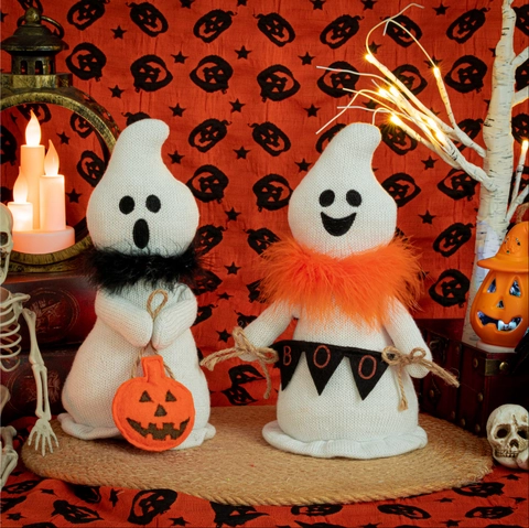 Gestrickte Weiße Gespensterpuppe Halloween Ornament Mit Orange Schwarzem Federschal Kürbis Boo Flagge Plüschtier Party Geschenk