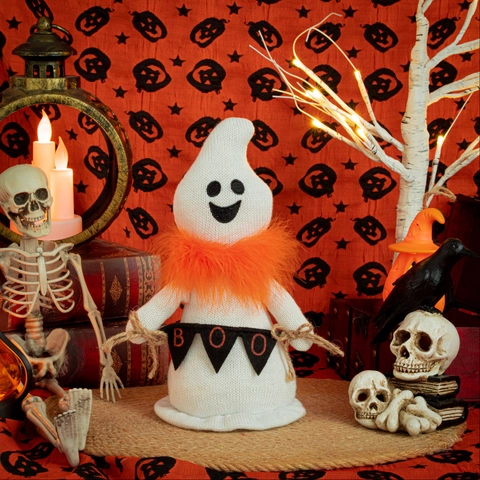 Gestrickte Weiße Gespensterpuppe Halloween Ornament Mit Orange Schwarzem Federschal Kürbis Boo Flagge Plüschtier Party Geschenk