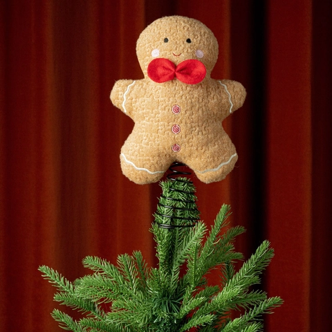 Puntale per Albero di Natale in Peluche a Forma di Omino di Pan di Zenzero Con Base a Molla Marrone Bottoni alla Menta