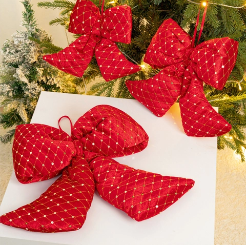 Grande Decorazione con Fiocco in Velluto Rosso Natalizio con Paillettes a Griglia Dorata Ornamento per Albero di Natale Casa