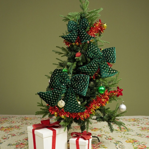 Lussuoso Fiocco di Natale in Velluto Decorazione Puntale per Albero Verde Scuro Oro Paillettes Motivo a Griglia Grande Fiocco Festivo per Casa Festa