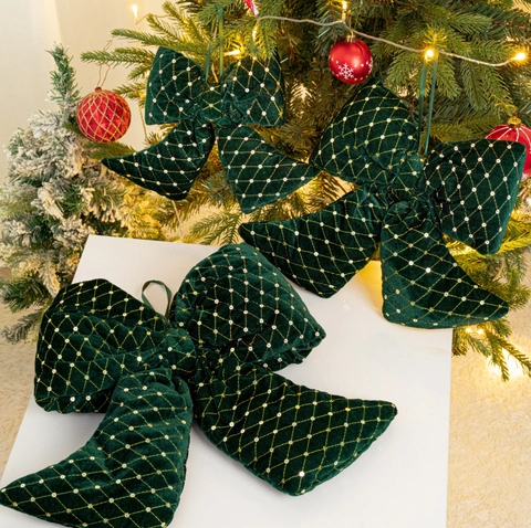Lussuoso Fiocco di Natale in Velluto Decorazione Puntale per Albero Verde Scuro Oro Paillettes Motivo a Griglia Grande Fiocco Festivo per Casa Festa