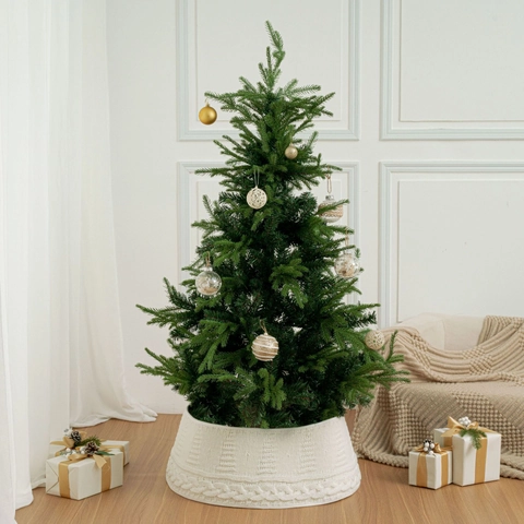 White Cable Knit Christmas Tree Collar Soft Polyester Knitted Christmas Tree Skirt For Home Holiday Party Decorations