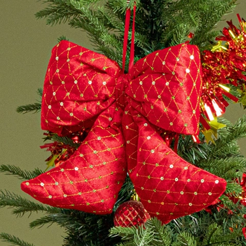 Grande Decorazione con Fiocco in Velluto Rosso Natalizio con Paillettes a Griglia Dorata Ornamento per Albero di Natale Casa