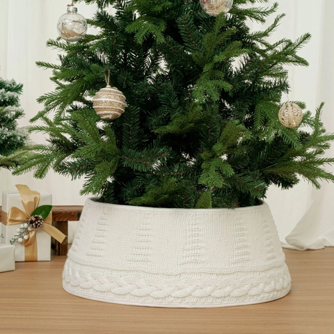 White Cable Knit Christmas Tree Collar Soft Polyester Knitted Christmas Tree Skirt For Home Holiday Party Decorations