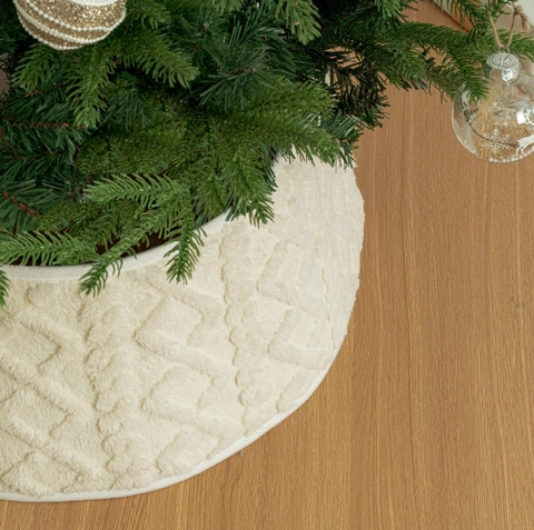 Cream White Christmas Tree Collar Cable Knit Diamond Pattern Polyester Tree Ring Cover For Xmas Holiday Home Floor Decoration