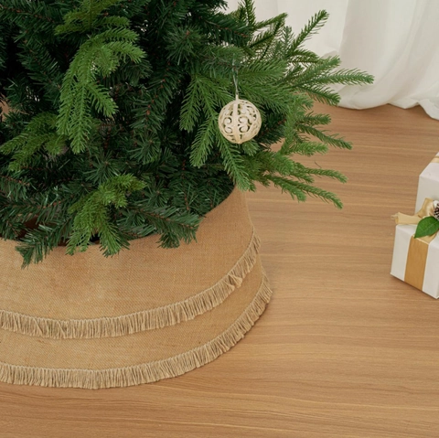Cache-pied de Sapin de Noël en Toile de Jute Naturelle Avec Double Couche de Franges Couverture de Base Rustique pour Fête