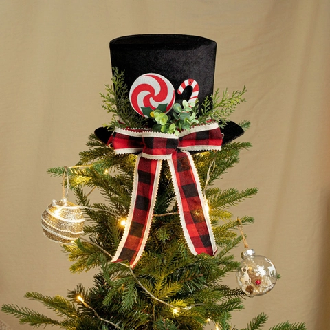 Schwarzer Weihnachtsbaumspitze Hut Mit Büffelkaroschleife Kiefernnadeln Lutscher Dekoration Für Weihnachten Home Party Festliches Ornament