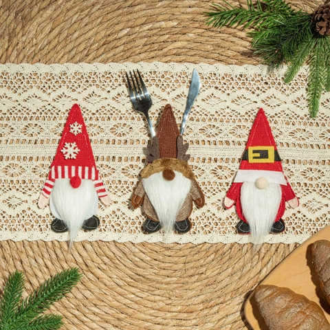 3 Pezzi Set Portaposate Gnomo di Natale Rosso Renna Fiocco di Neve Babbo Natale Tasca per Posate Decorazione Tavola per Pranzo Festivo