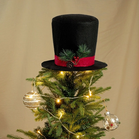 2025 Christmas Tree Topper Black Felt Top Hat Decoration With Red Ribbon Pine Cones Berries For Holiday Home Decor